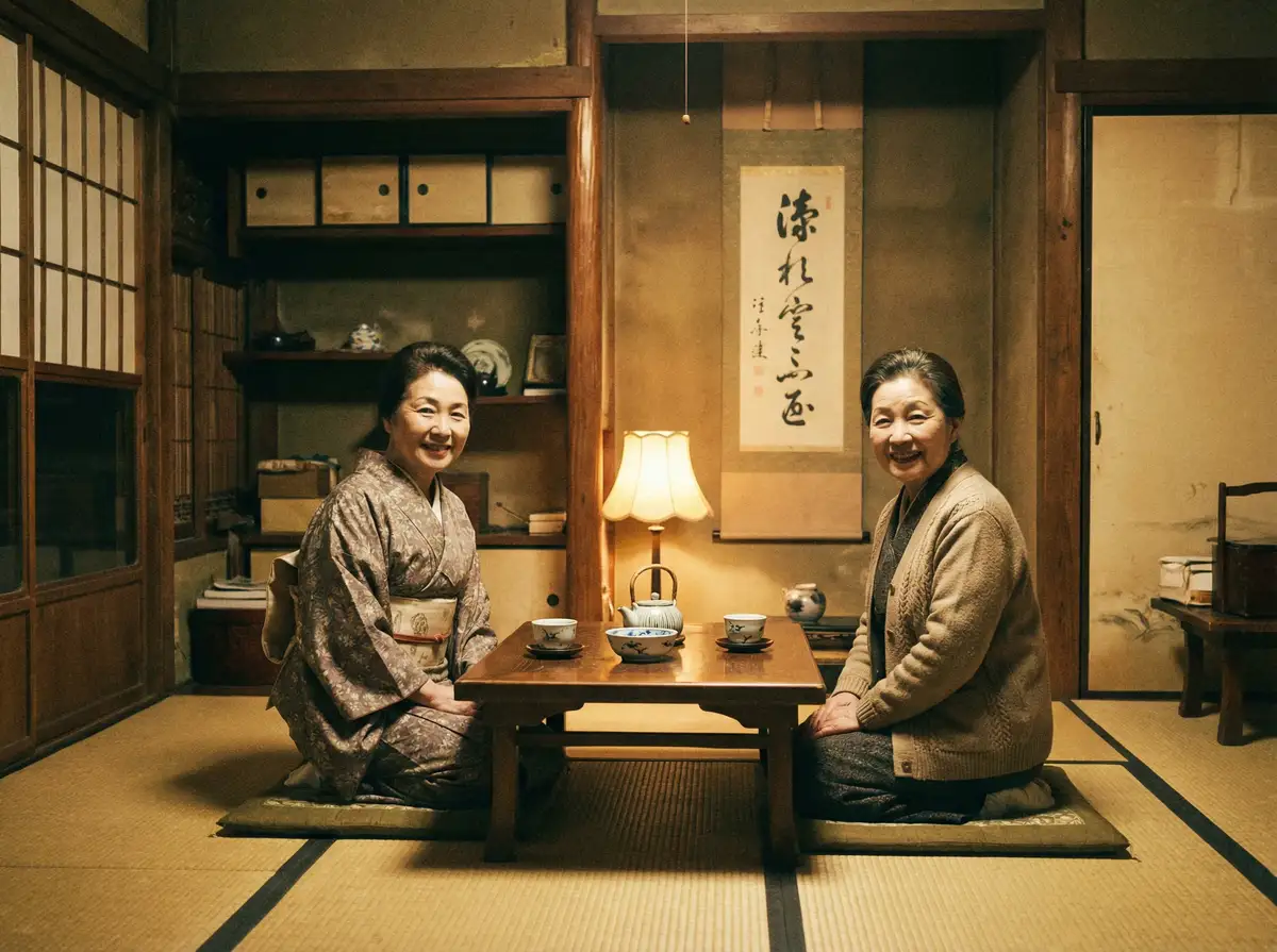 两位优雅的 【旧里番专区】旧里番交流社区 - 自媒体观察导航 在日式茶室中品茶交谈
